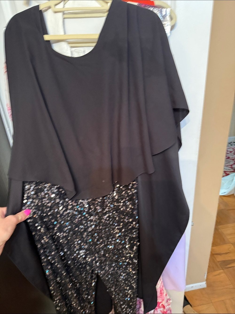 BCBGMaxAzria Black Layered Cape Sequin Tunic